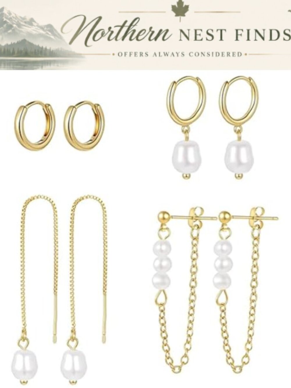 14K Gold Plated Pearl Dangle Hoop Earrings Set for Women - 4 Pcs Hypoallergenic